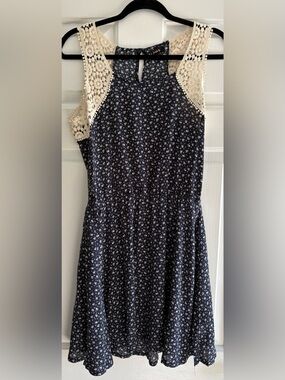 Lightweight Summer Navy Floral Sleeveless Dress with Lace Trim